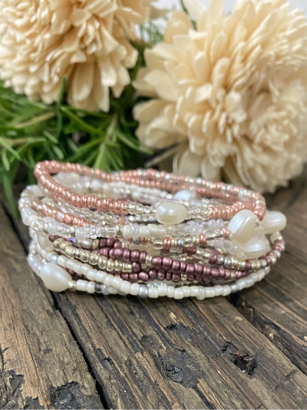 White Heart Stretch Bracelet Set, Pink, Purple, White, Silver